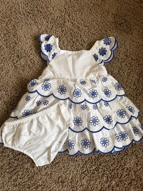 White & Blue Floral Eyelet Tiered Baby Dress with Bloomers